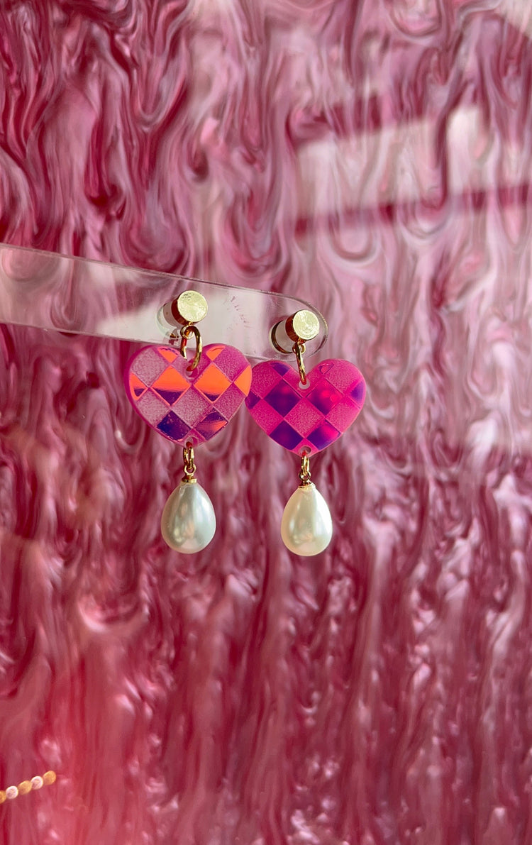 Pink Iridescent Checkered Pearl Hearts